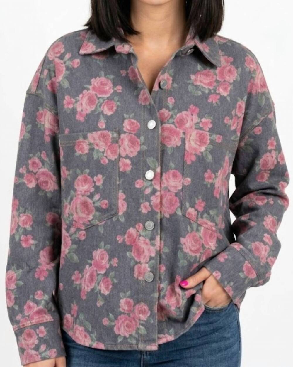 NEW JESS LEA stretchy denim shacket in pink multi